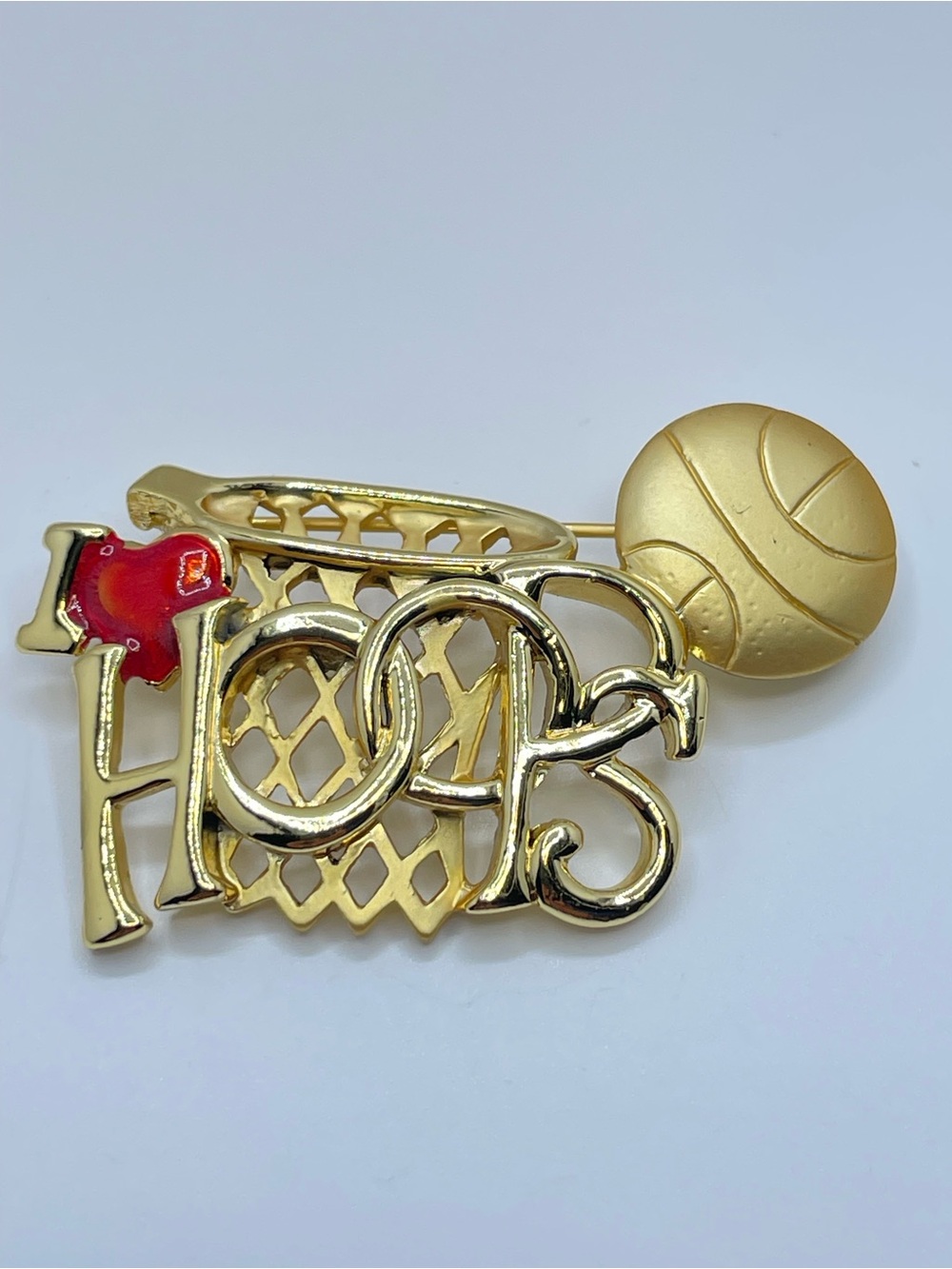 Danacraft Gold Tone HOOPS Basketball Brooch Red Enamel Ball Vintage Style Pin